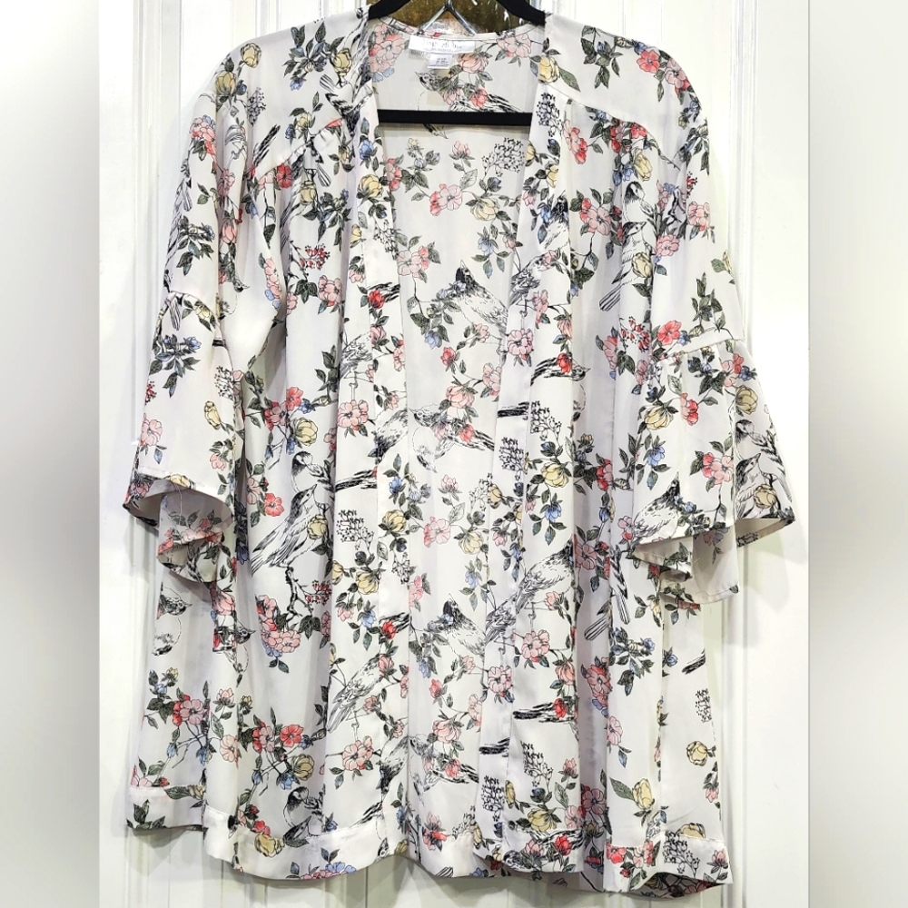 Motherhood Maternity White Sheer Open Kimono Cardigan Floral Bird Print Size S/M
